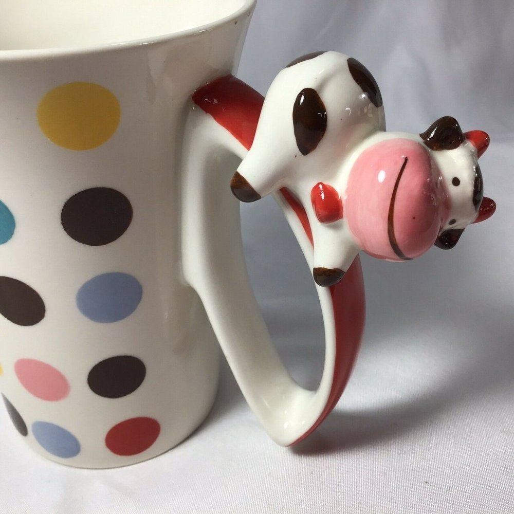 Cow Bull Indra 3D Polka Dot Hand Painted Flare Top Tapered Stoneware Mug Farm